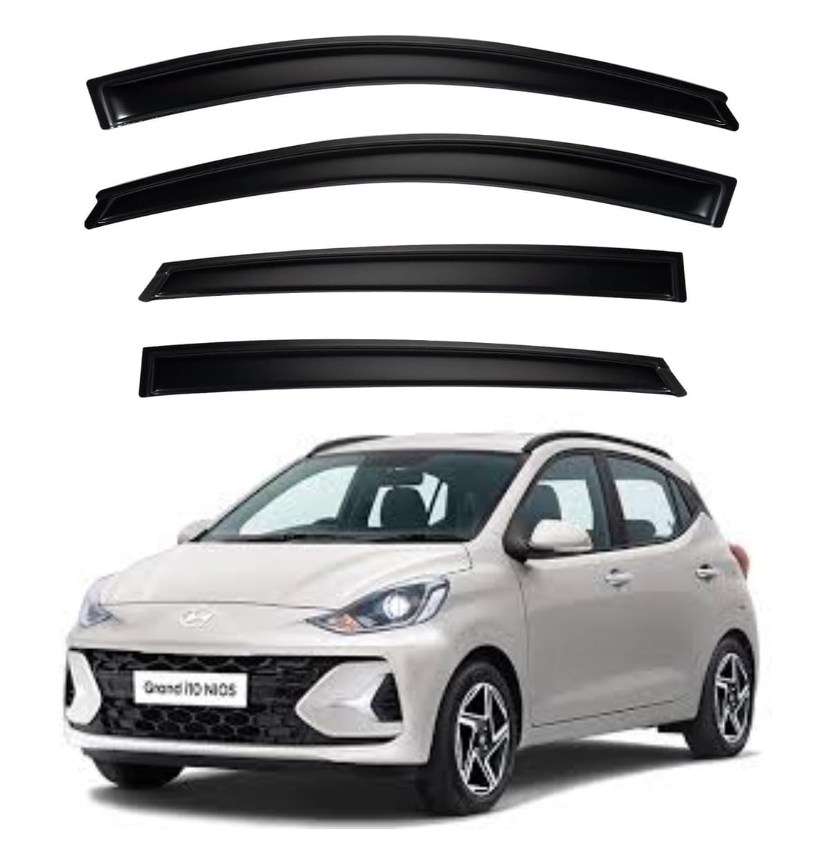ShopClub Premium Smoke Car Door Visor Front+Rear Sun/Rain Guard Outside Mount Tape-On Window Visors Compatible with Hyu-ndai Grand i10 Nios (2025)