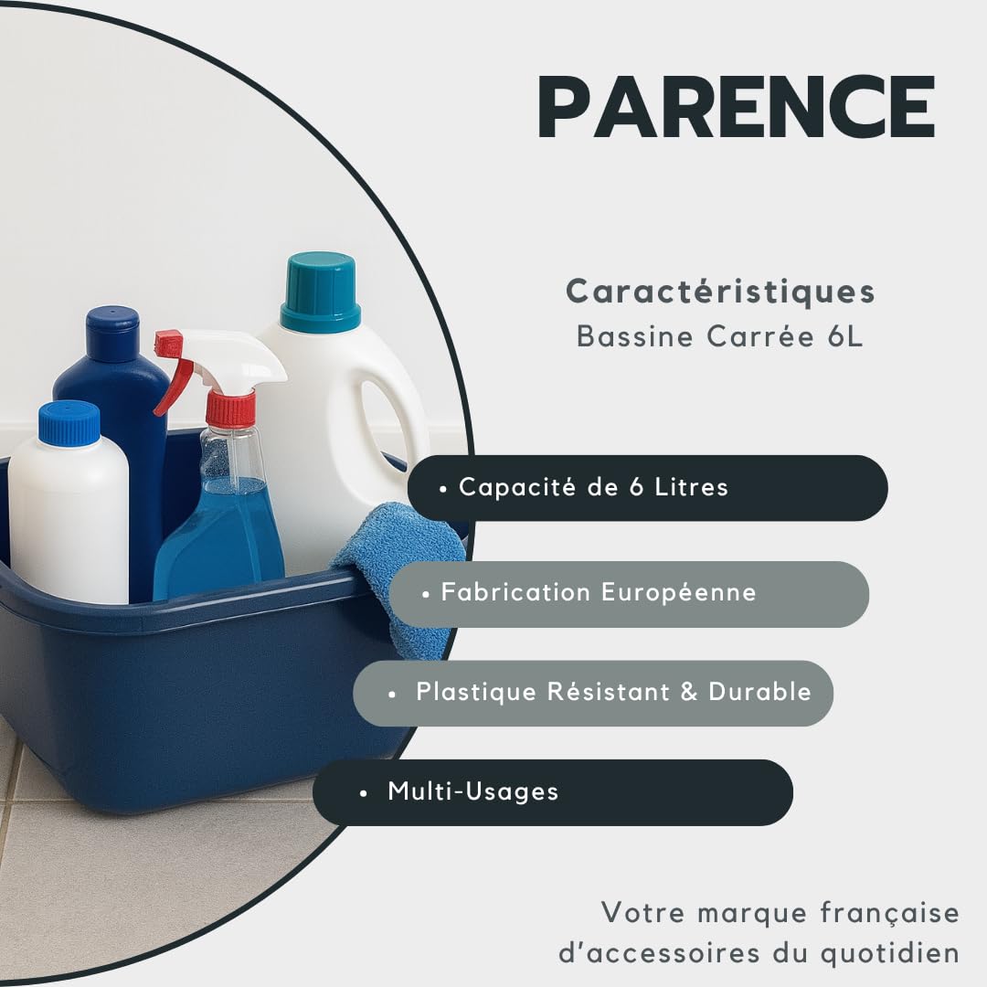PARENCE.- Square Basin 6L – Bandeja de Lavado de plástico compacta de Alto Rendimiento 30 cm | Lavabo Multiusos para vajilla, hogar, lavandería o jardín | Hecho en Europa