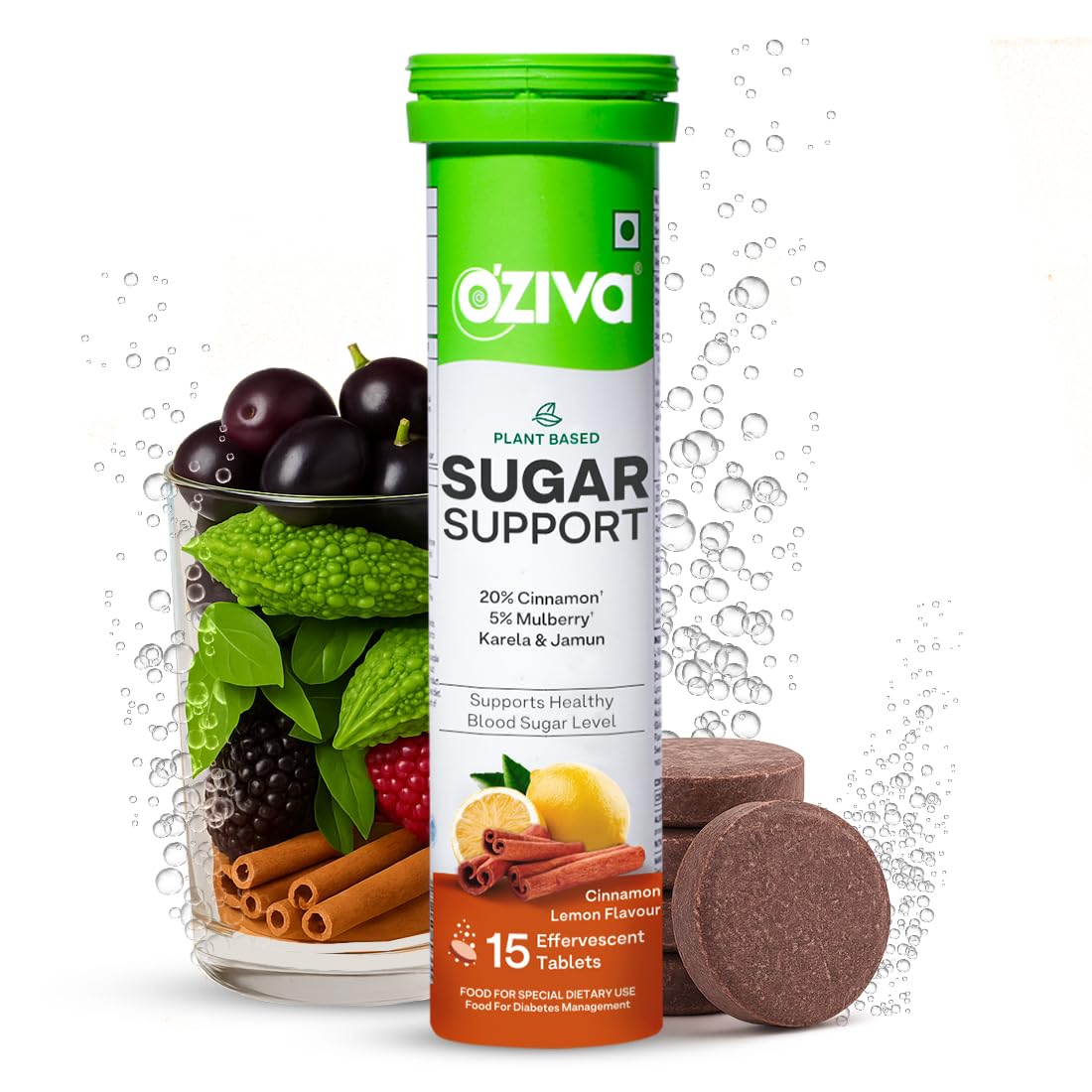 OZiva Sugar Support Effervescent | Supports Daily Blood Sugar Management & Insulin Function | Reducose®, Cinnamon, Jamun, Karela, Gymnema - 15 Tablets