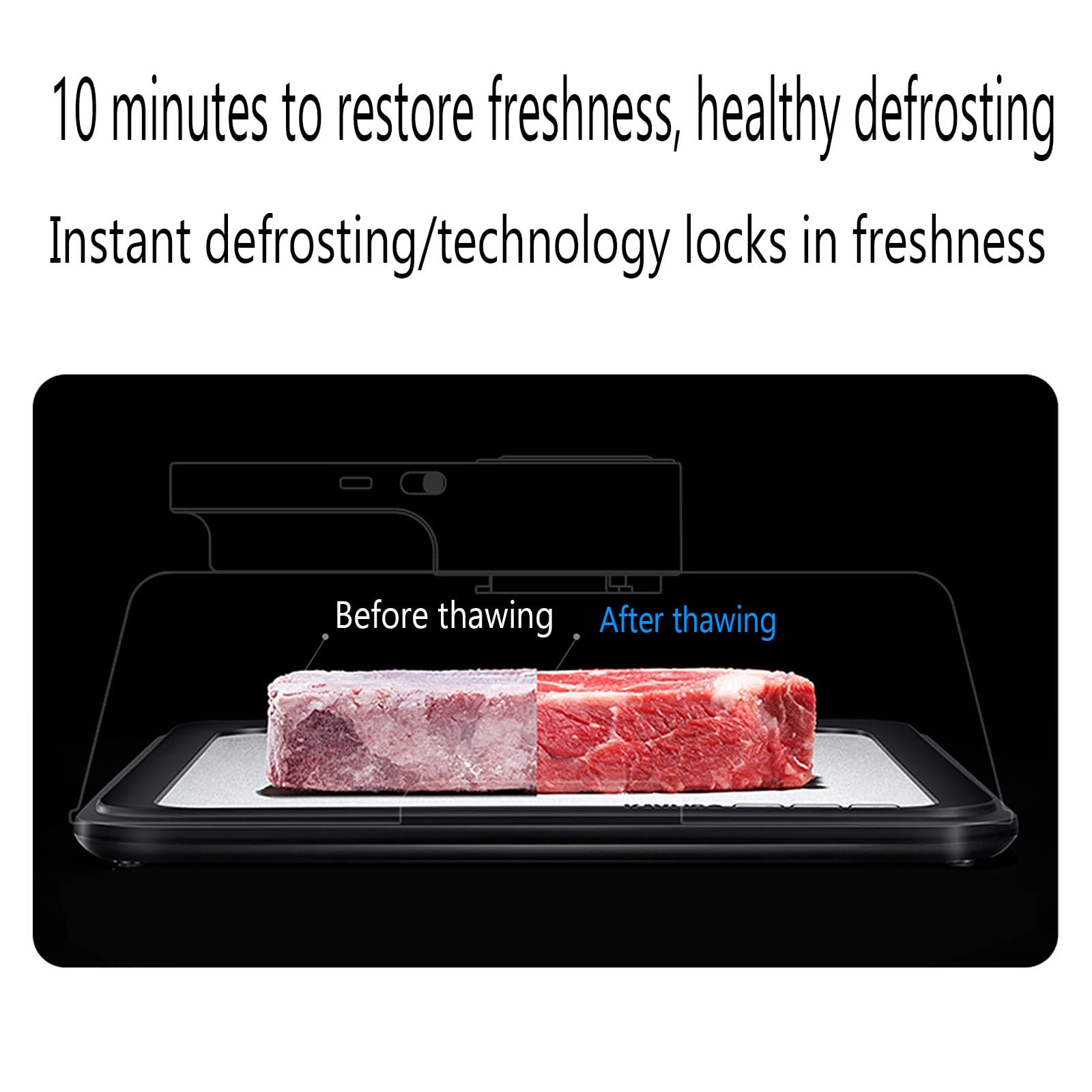 Placa de descongelación eléctrica de 4,2 L, descongelador rápido de alimentos de 10 minutos con temporizador ajustable para carne congelada, filetes, pollo, camarones, mariscos (10-40 minutos)