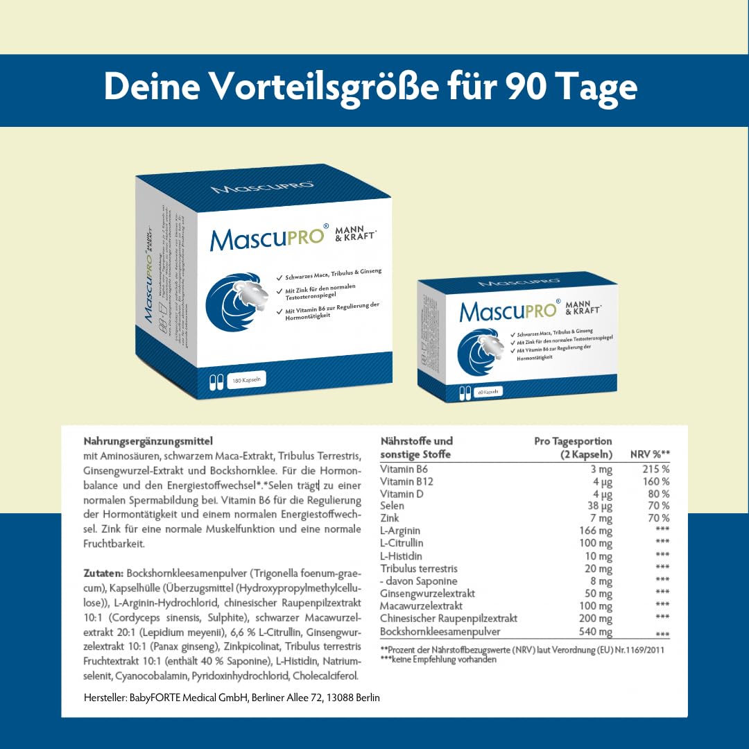 MascuPRO Mann & Kraft - Vorteilsbox für 3 Monate | Black Maca, Tribulus Terrestris, Bockshornklee, Cordyceps, Zink & Aminosäuren | vegan