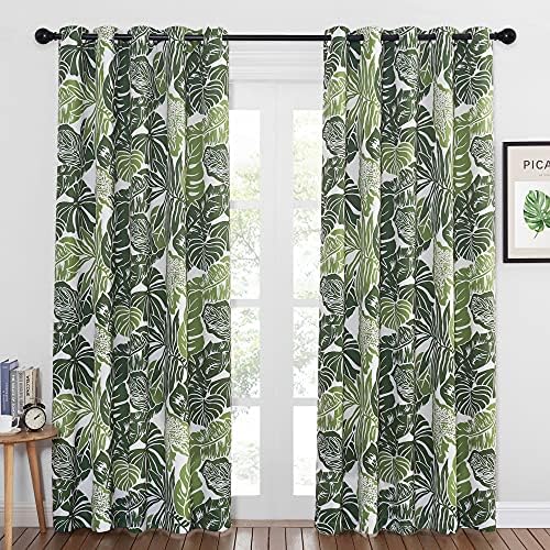 NICETOWN Monstera Curtains Tropical Pattern for Living Room 84" L, Grommet Top Room Darkening Window Treatments Palm Tree Panels for Hall/Villa, 124" Width Total 2 Panels, Green Palm