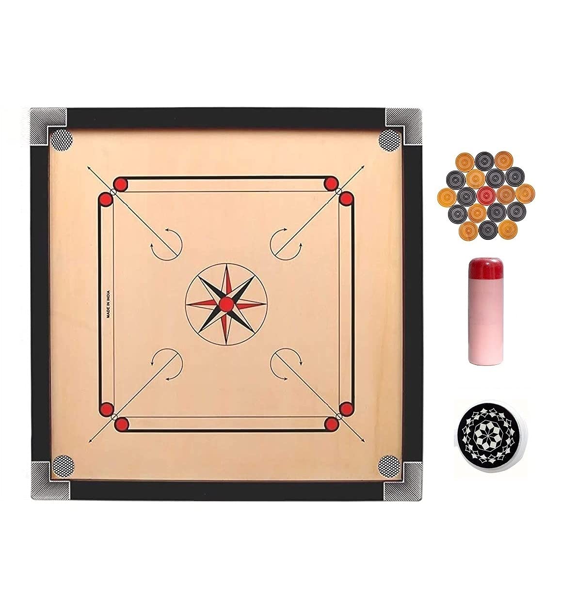MAGIC GOLD Games of Board Heavy Wooden Gloss Finish Carrom Board with Coins, Boric Powder, Designer Strickers for Kids (14gm, 26 inch, Medium)
