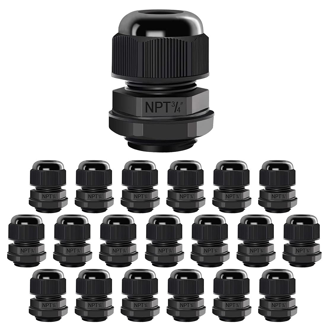 LeMotech Paquete de 20 prensaestopas NPT de 0.75 pulgadas, impermeables, ajustables, 12.5-18 mm, juntas de nailon negro con juntas
