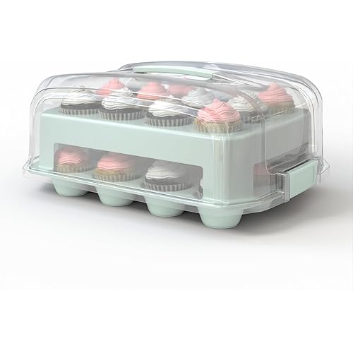 Cupcake Carrier, EXTRA TALL LID, Green Cupcake Holder Carries 24 Standard-Size Cupcakes, Muffin Traveler Two Tier Stand Reusable Cupcake Box