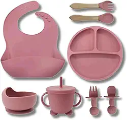 Kit Alimentação Bebê, Introdução Alimentar, 8 Peças em Silicone, Seguro, Sem Pontas, Com Ventosa, Livre de BPA, Antibacteriano, Atóxico, Qualidade Premium (Rosa)