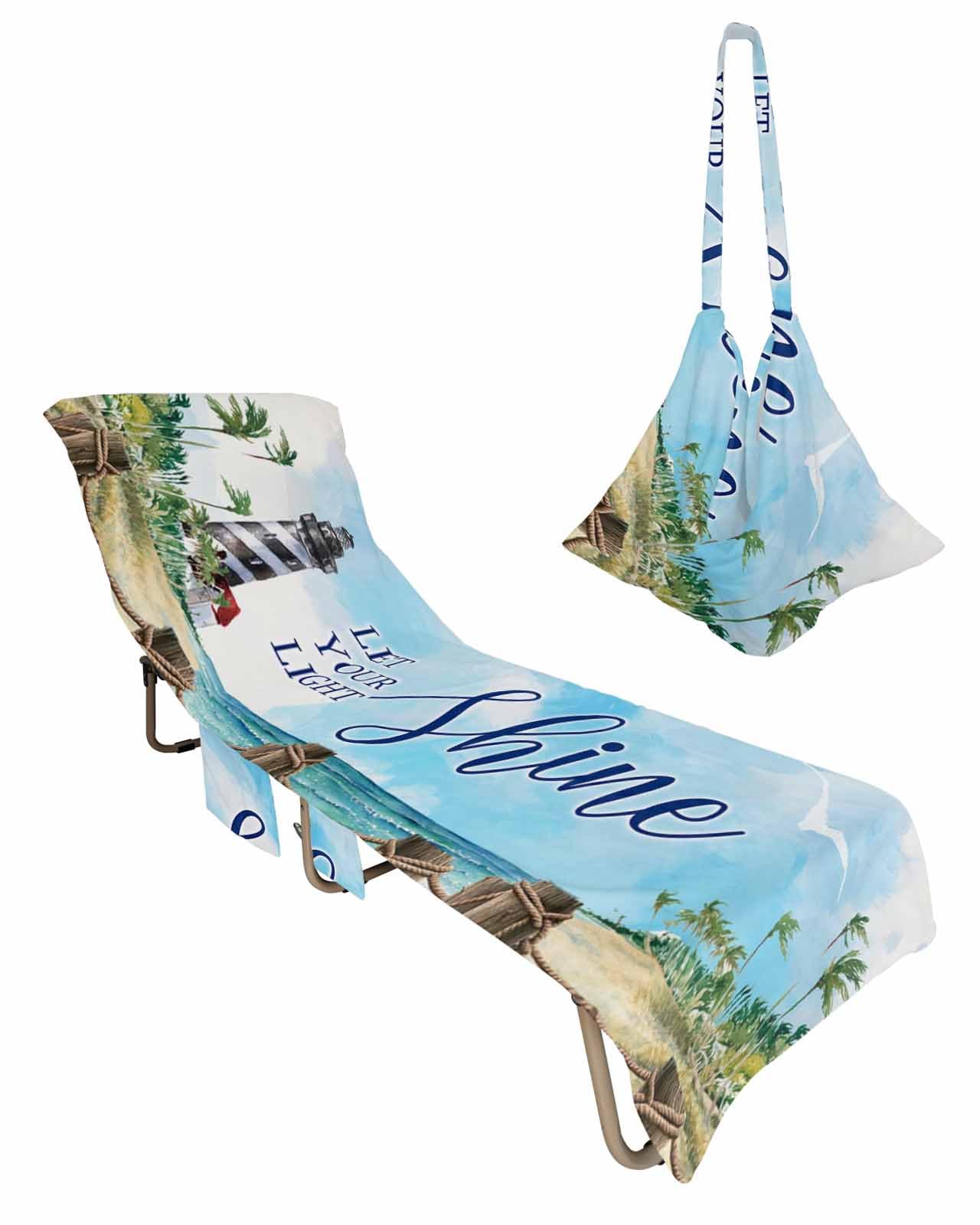 Watercolor Beach Lighthouse Beach Pool Patio Lounge Chaise Chair Cover Towel With Pockets,Absorbent & Quick Dry Microfiber Towel Cover Bag Summer Travel Accessories for Sunbathing Let Your Light Shine