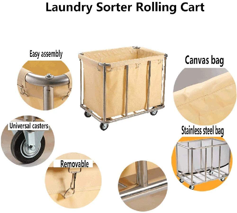 Movable Hand Trucks Trolleys, Household Serving Cart Laundry Hamper Sorter Cart with Wheels, Heavy Duty Cleaning Collector Service Trolley for Hotel Room/Beige/90X64X78Cm