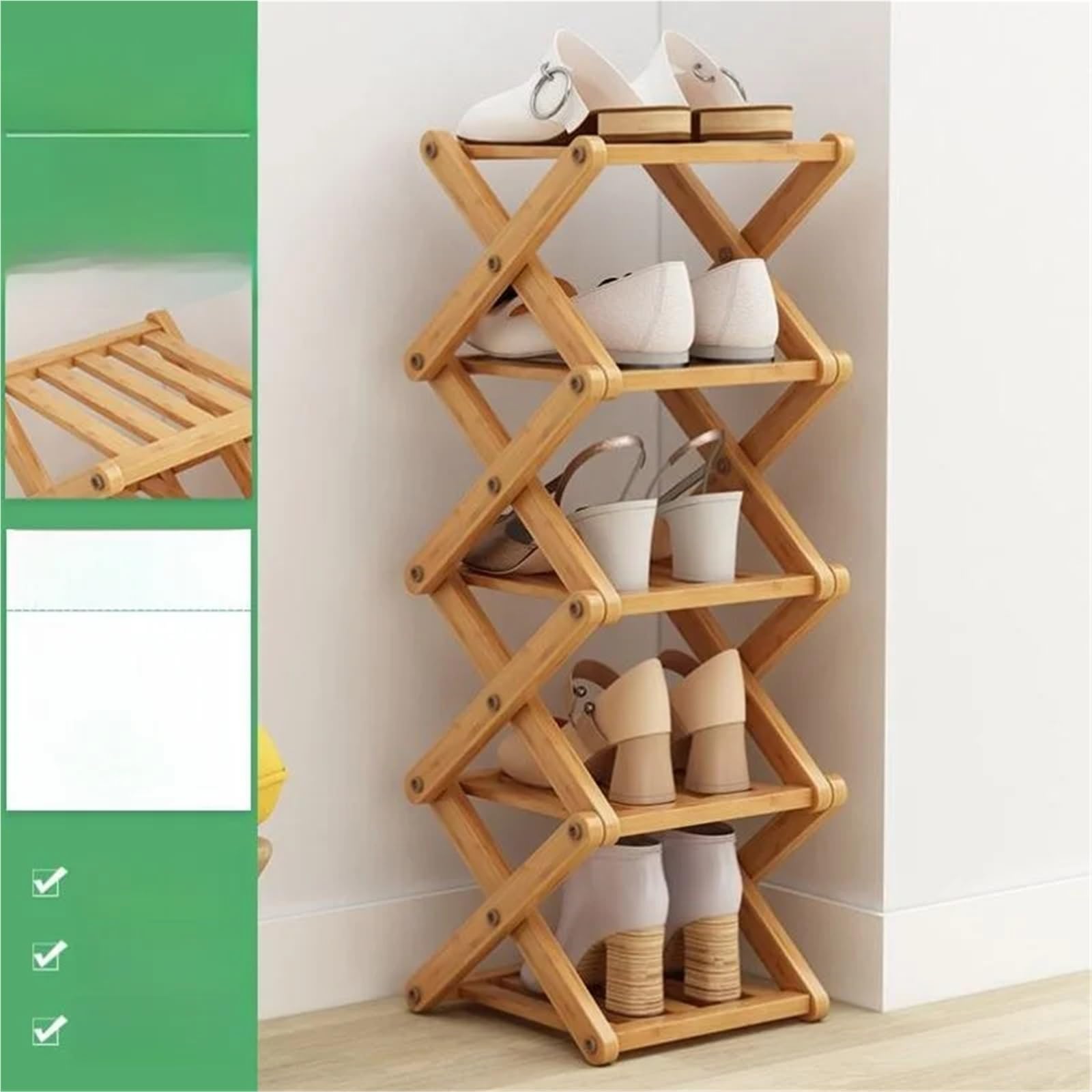 Scarpiera pieghevole in bambù – 5 ripiani multistrato per camera da letto, ingresso casa, design salvaspazio – sistema semplice ed elegante con barre trasversali