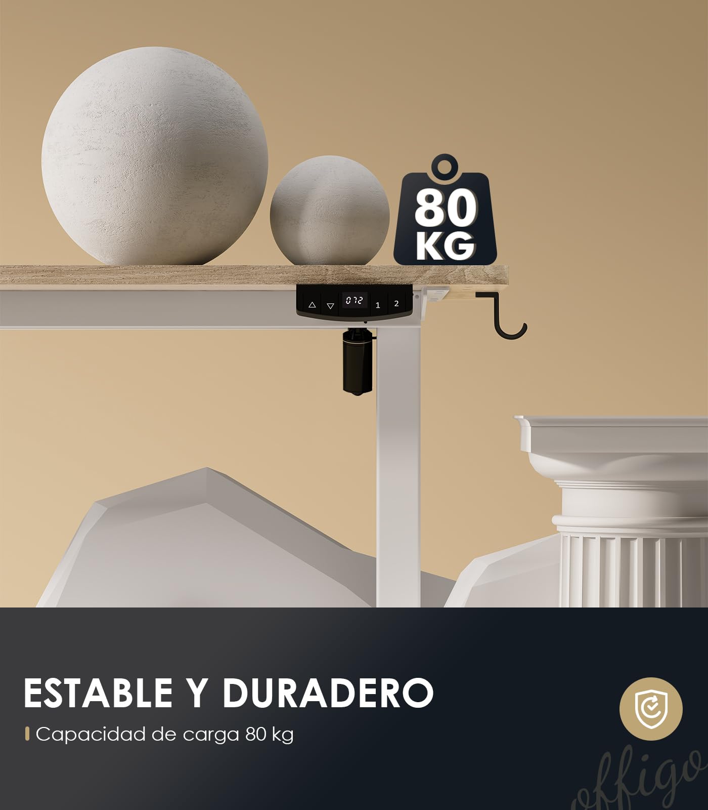 OffiGo Escritorio Elevable, 160x80cm Mesa Elevable Escritorio con Enchufes y Carga USB, Mesa Regulable Altura con 2 Memorias, Standing Desk para Oficina, Casa, Juegos, Beige