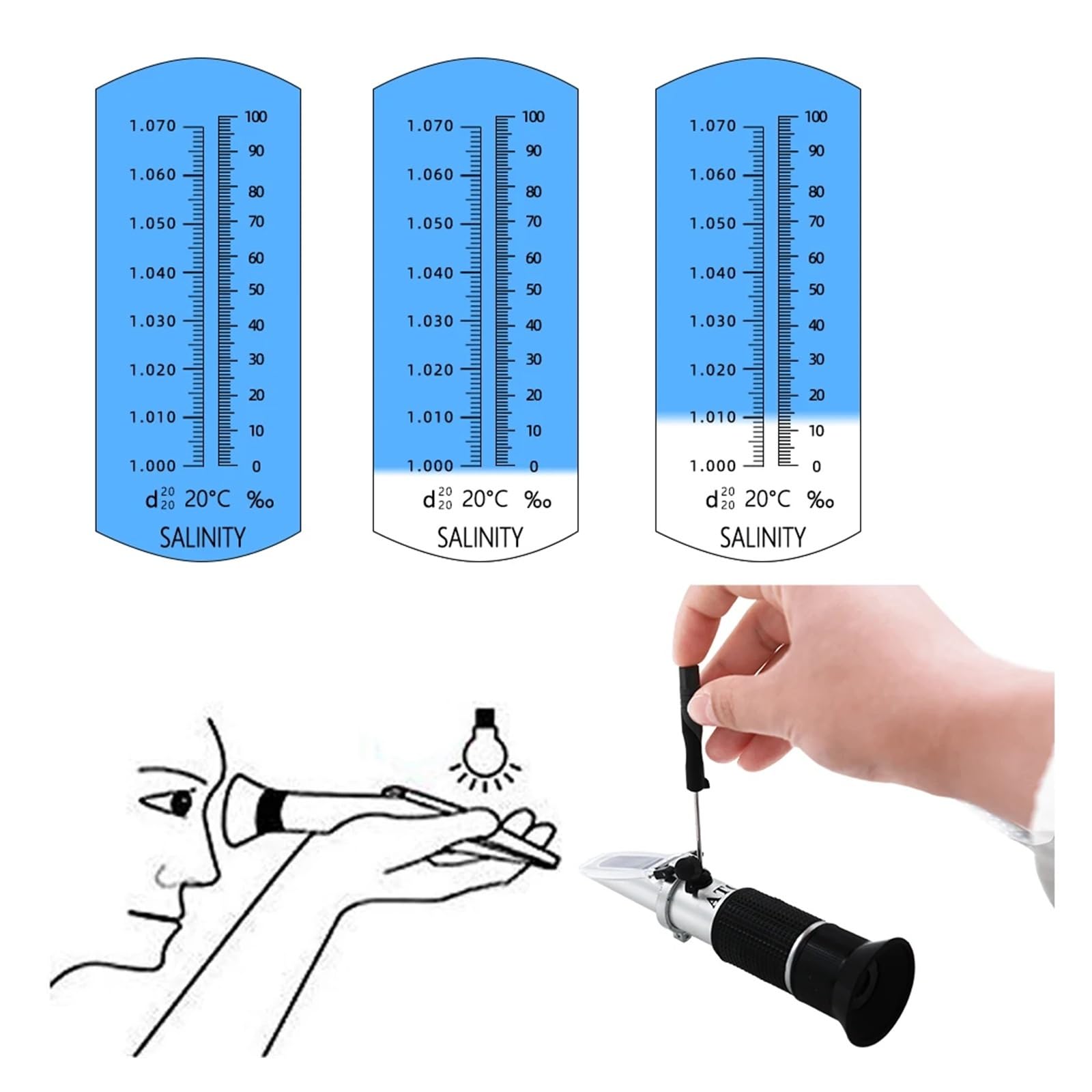 Refractómetro de salinidad portátil, salinómetro 0-100%, salinómetro de Agua de mar de salinidad 1.000-1.070SG for Acuario para Pruebas de Contenido