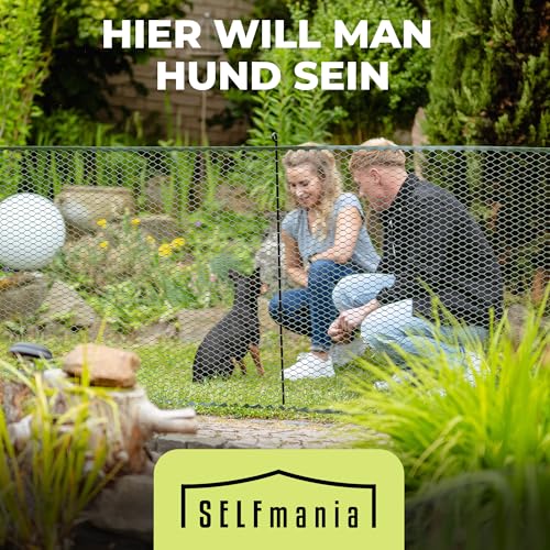 SELFmania Hundezaun 25m lang 90cm hoch SCHWARZ [TESTSIEGER] inkl. 21x Stäbe & 25x Erdanker | Begrenzungszaun Robust & Mobil | Flexibler Zaun für Hunde | Sorgloser Hundeauslauf im Garten & Camping