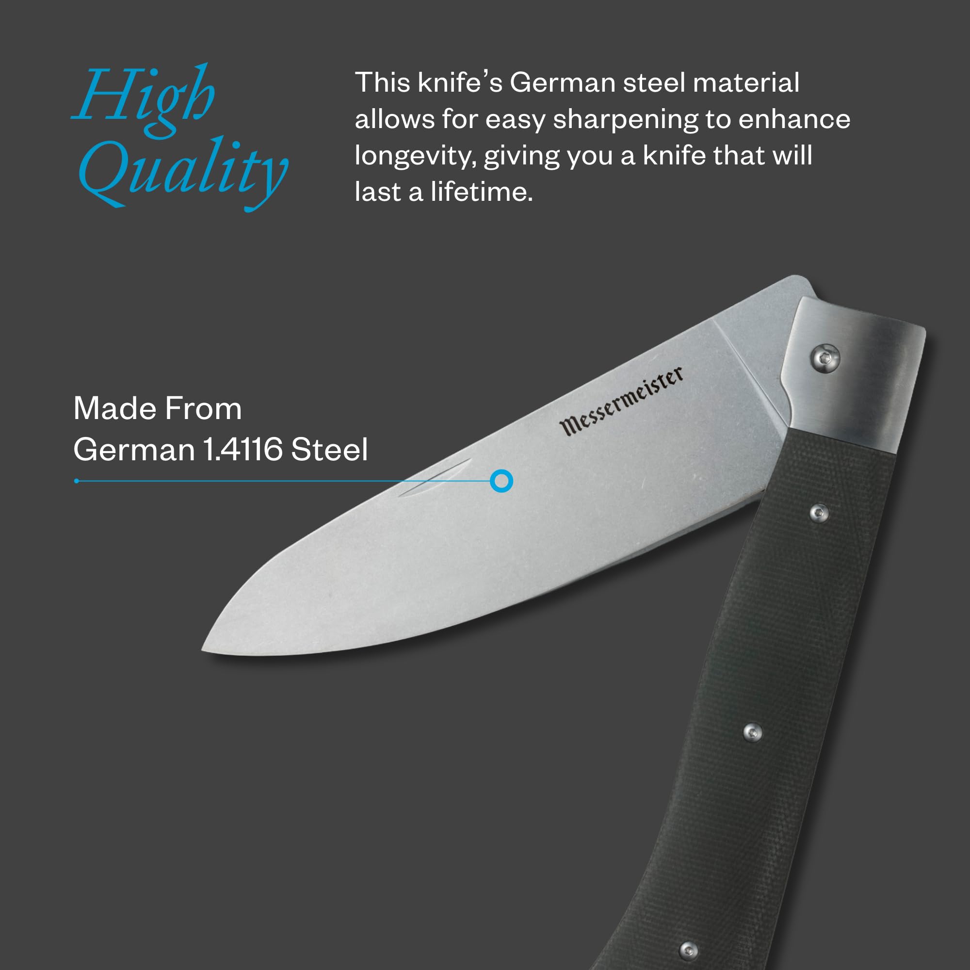 Messermeister Adventure Chef Folding 6” Chef’s Knife - German Steel & Distressed Linen Handle - Rust Resistant & Easy to Maintain — Amazon image 5