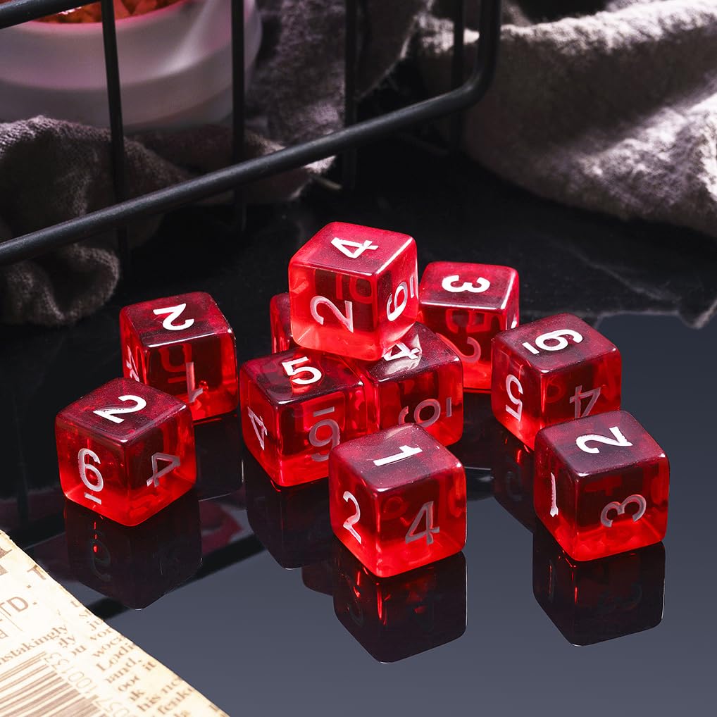 Juego de 10 dados poliédricos D6 de 16 mm de acrílico de 6 caras para juegos de mesa de Dungeons and Dragons RPG MTG DND (rojo transparente)