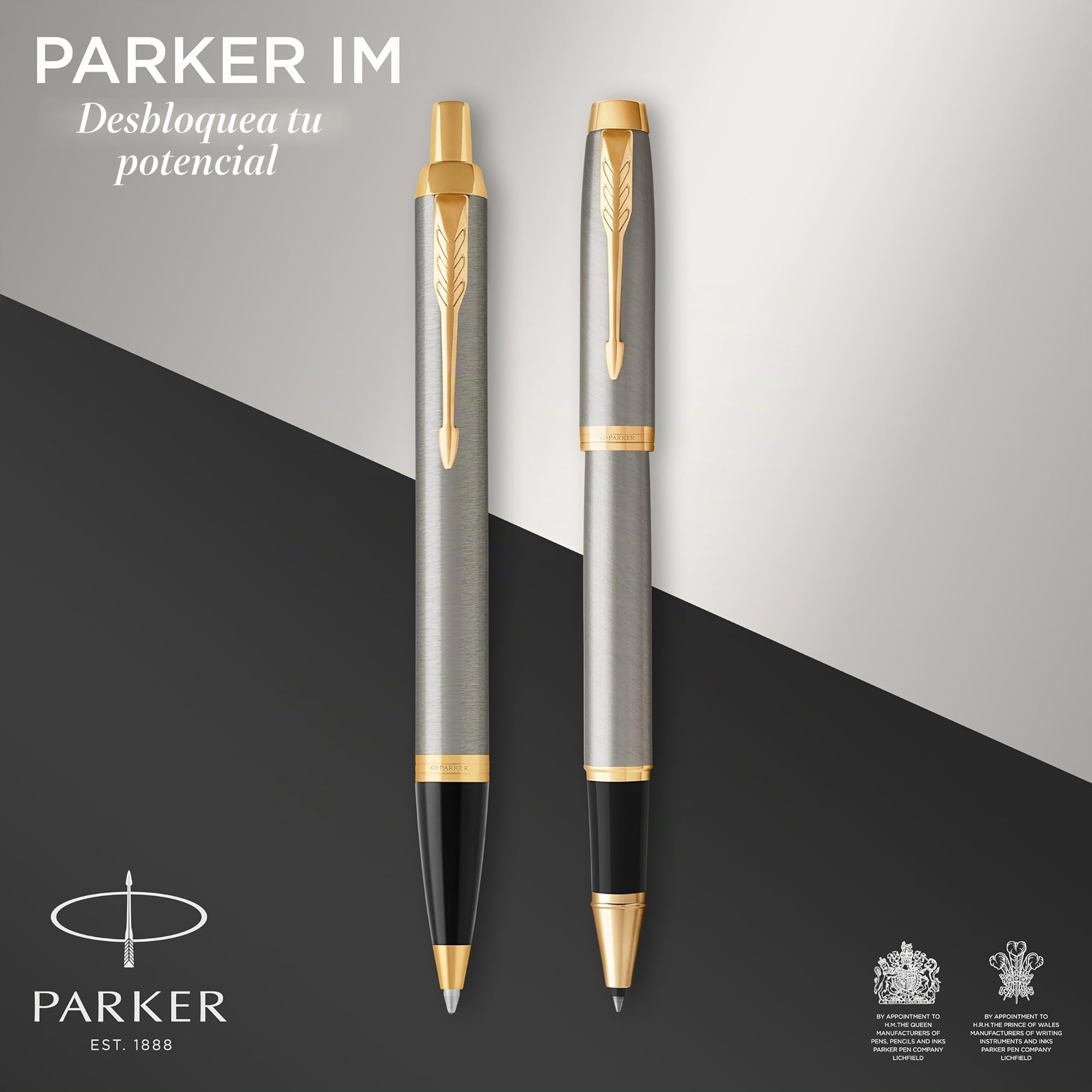 Parker IM set de regalo doble con bolígrafo y rotulador roller, metal cepillado con adorno dorado, cartucho y recambio de tinta negra, estuche de regalo