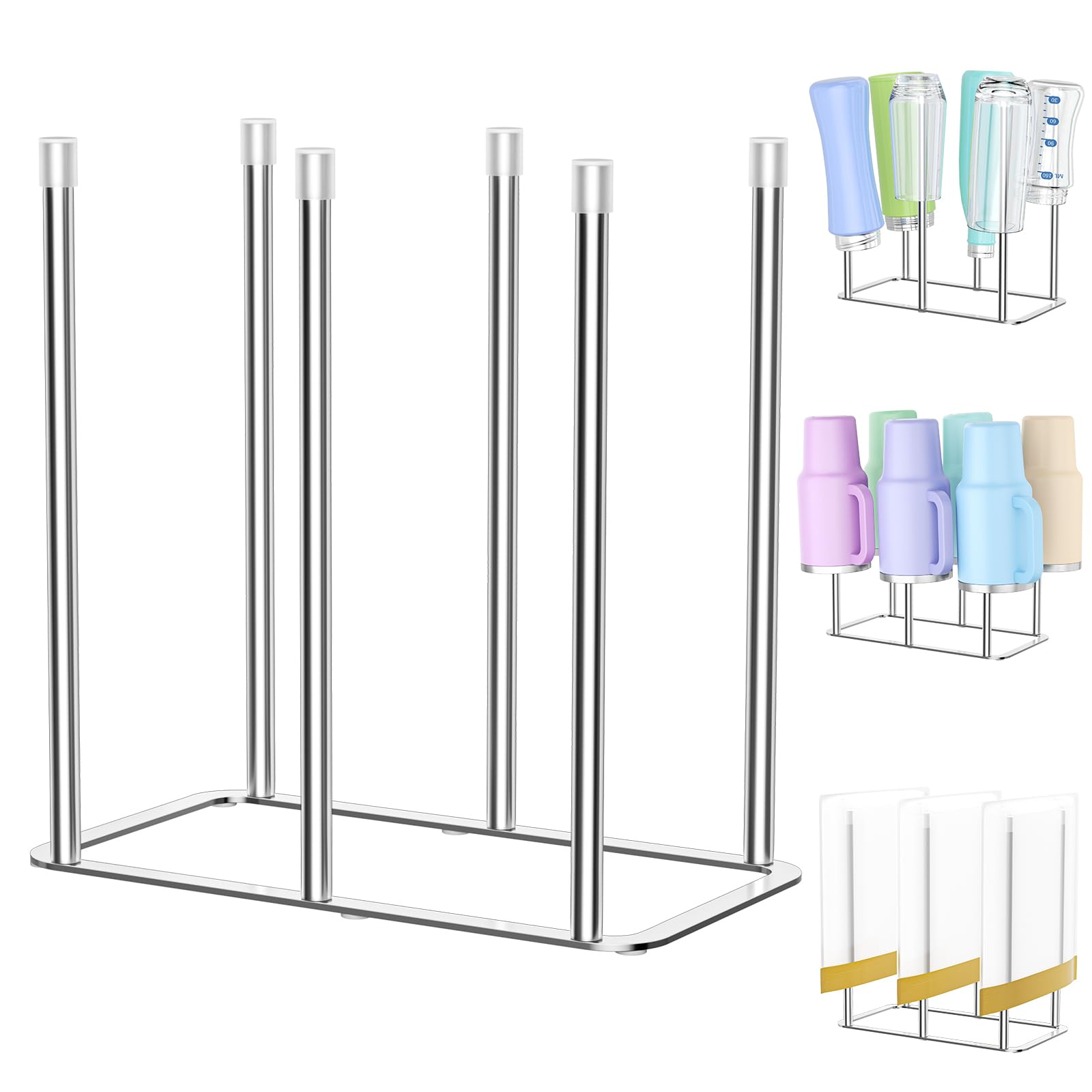 XILIMEN Water Bottle Drying Rack Reusable Bottle Rack Dryer Kitchen Stand Holder Metal Countertop Baby Bottle Drying Rack Water Cup Drying Rack for Plastic Bags, Bottles and Cups (Sliver, Large)