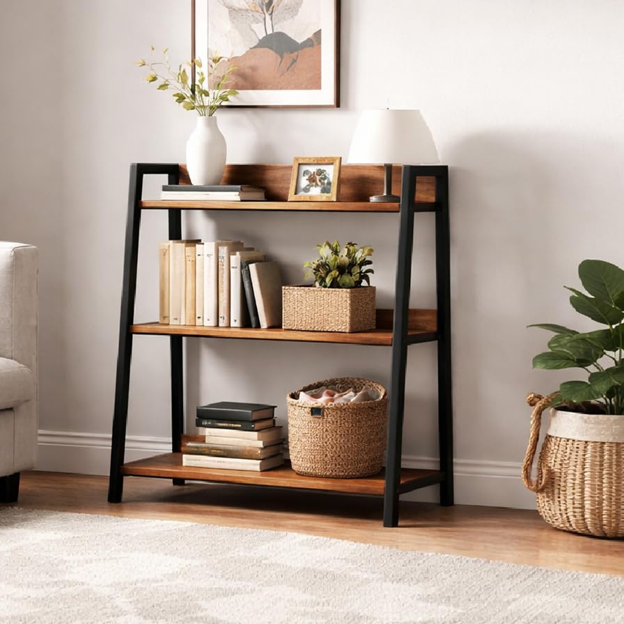 Image of Ladder Shelf, 3 Tier Bookshelf, Small Bookshelf for Small Spaces, Wood and Metal Bookcase, Ladder Bookshelf, Modern Storage Shelf for Living Room and Office (Black, Ladder)