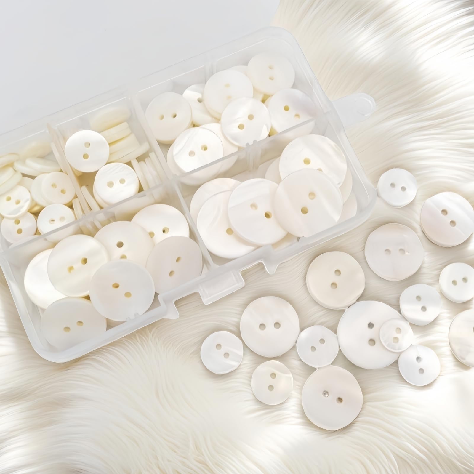 100pcs Mother of Pearl Buttons with Natural Sheen (10/12.5/15/18/20mm Assorted Sizes) - Shell Buttons for Shirts, Knitwear & DIY Crafts (White)