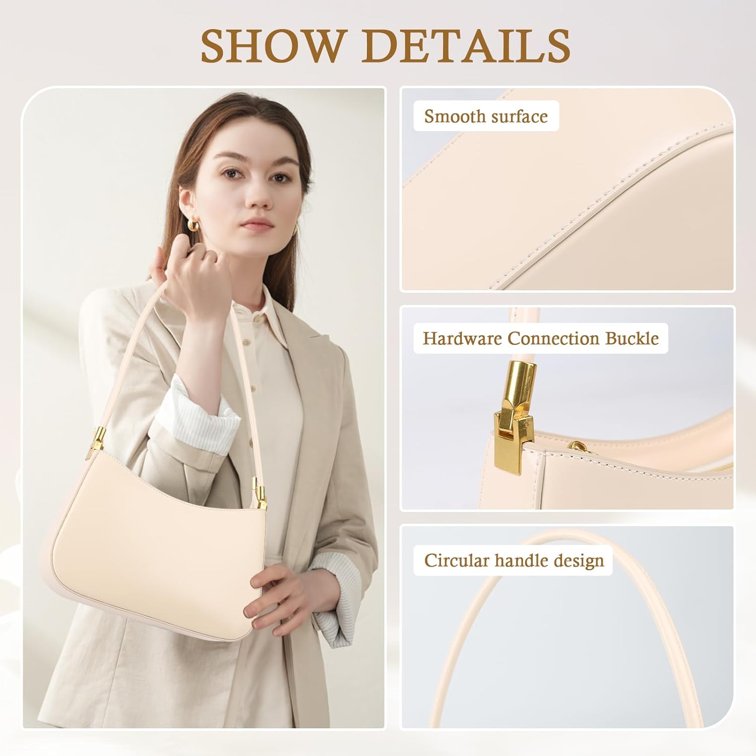 Genuine Leather Shoulder Bag, Hobo Purses for Women, Crescent Bag, Small Clutch Handbag, Cute Tote Bag with Zipper - Image 3