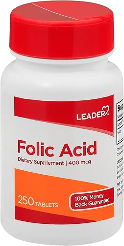 Leader Comprimidos de ácido fólico 400MCG de 250 Ct. Esencial para el crecimiento y desarrollo celular