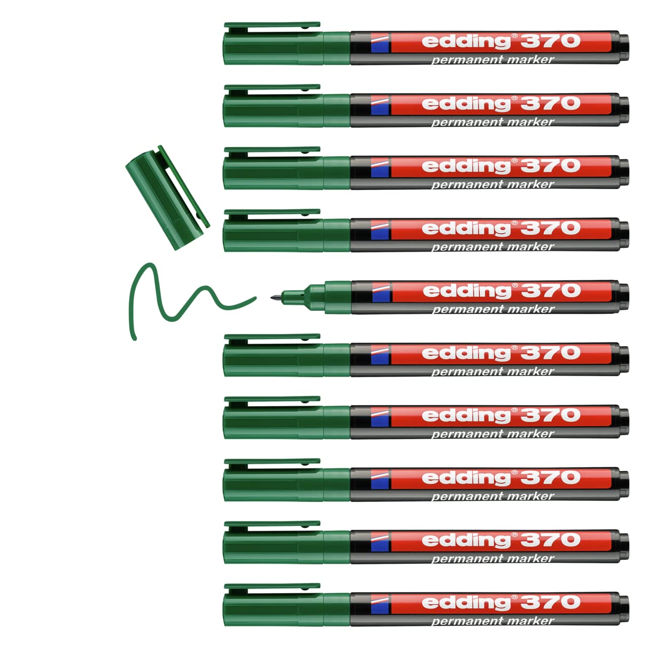edding 370 permanent marker - groen - 10 stiften - fijne ronde punt 1 mm - watervast, sneldrogend - multi-marker, universele stift - voor karton, kunststof, hout, metaal, glas, steen, linnen