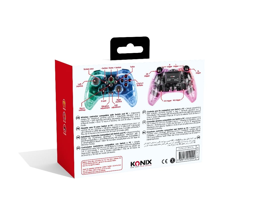 Konix Controller wireless Crystal Switch, Switch OLED, PC e PS4 - Autonomia 10 h - Bluetooth 5.0 EDR - Vibrazione - Illuminazione LED RGB regolabile