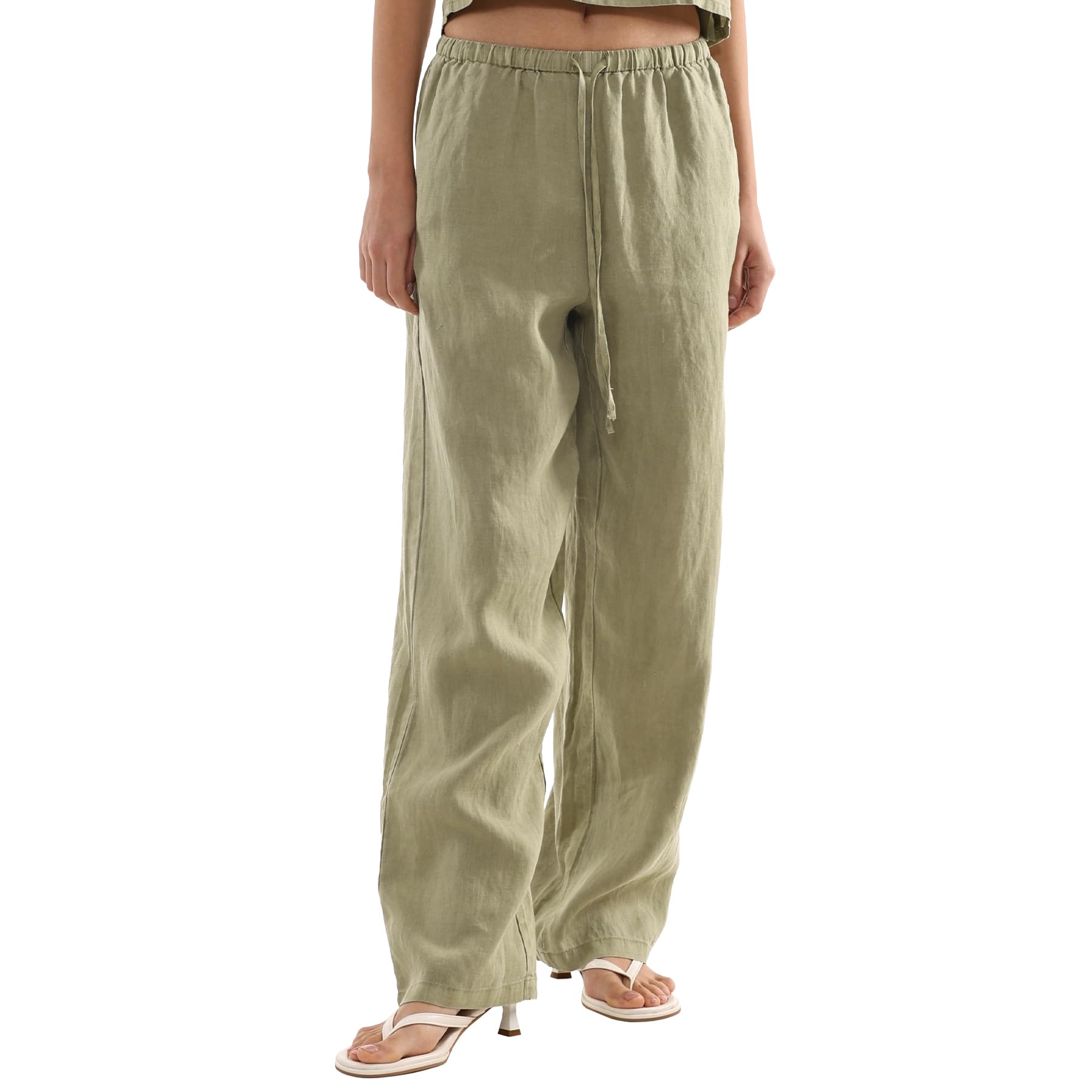 Amazhiyu Pantaloni da donna in 100% lino, da donna, tinto a pianta, estivi, vestibilità ampia, casual, in lino, a gamba larga, con tasche
