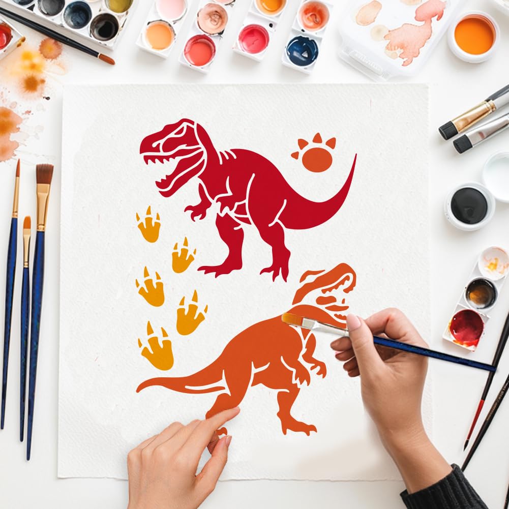 MAYJOYDIY 11 Stück Primitive Dinosaurier Schablonen Dinosaurier Fossilien Malschablone 30×30/29.7×21cm Wiederverwendbare Zeichenvorlage Mit Pinsel Für Wand Boden Holz Papier Album Scrapbook Dekoration