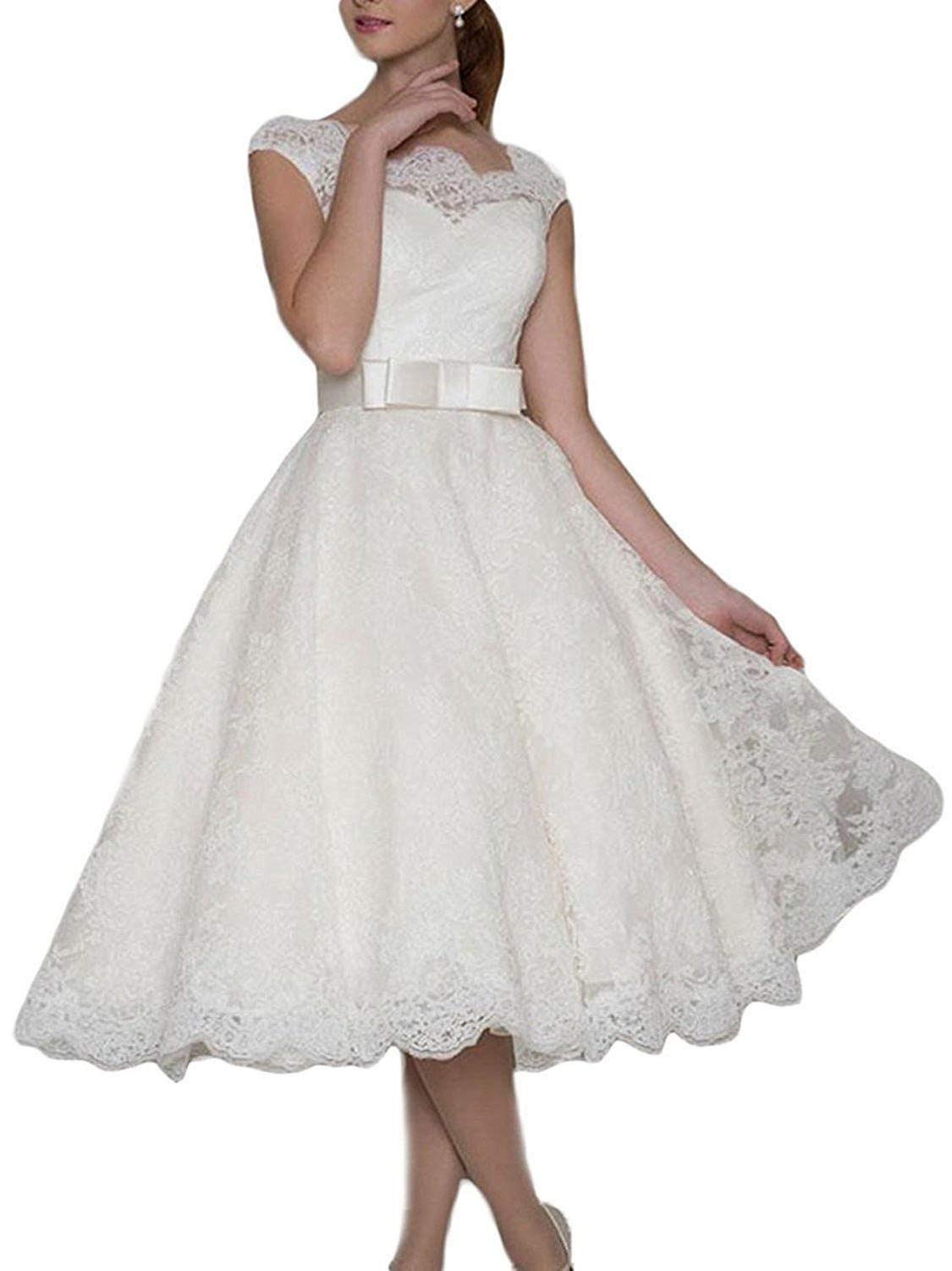 RONGLONG Abiti da Sposa Ufficio Civile Abiti da Sposa Pizzo Donne Knee-Length con Cintura, Bianco, 44
