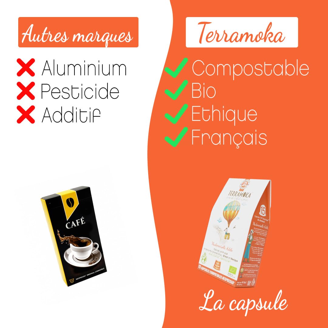 TERRAMOKA - 150 Capsules Café Bio d’excellence (15 * 10) - 100% Pur Arabica Brésil et Mexique - Délicat et Fruité - Compatibles avec Nespresso - HomeCompost - Mademoiselle Adèle - Torréfié en France