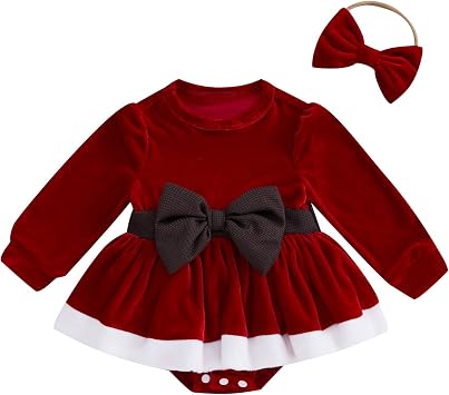 Amnnchya Baby Girl Christmas Outfit Bow Velvet Long Sleeve Romper Dress Newborn Infant Baby Girls Fall Winter Clothes Red White, 6-12 Months