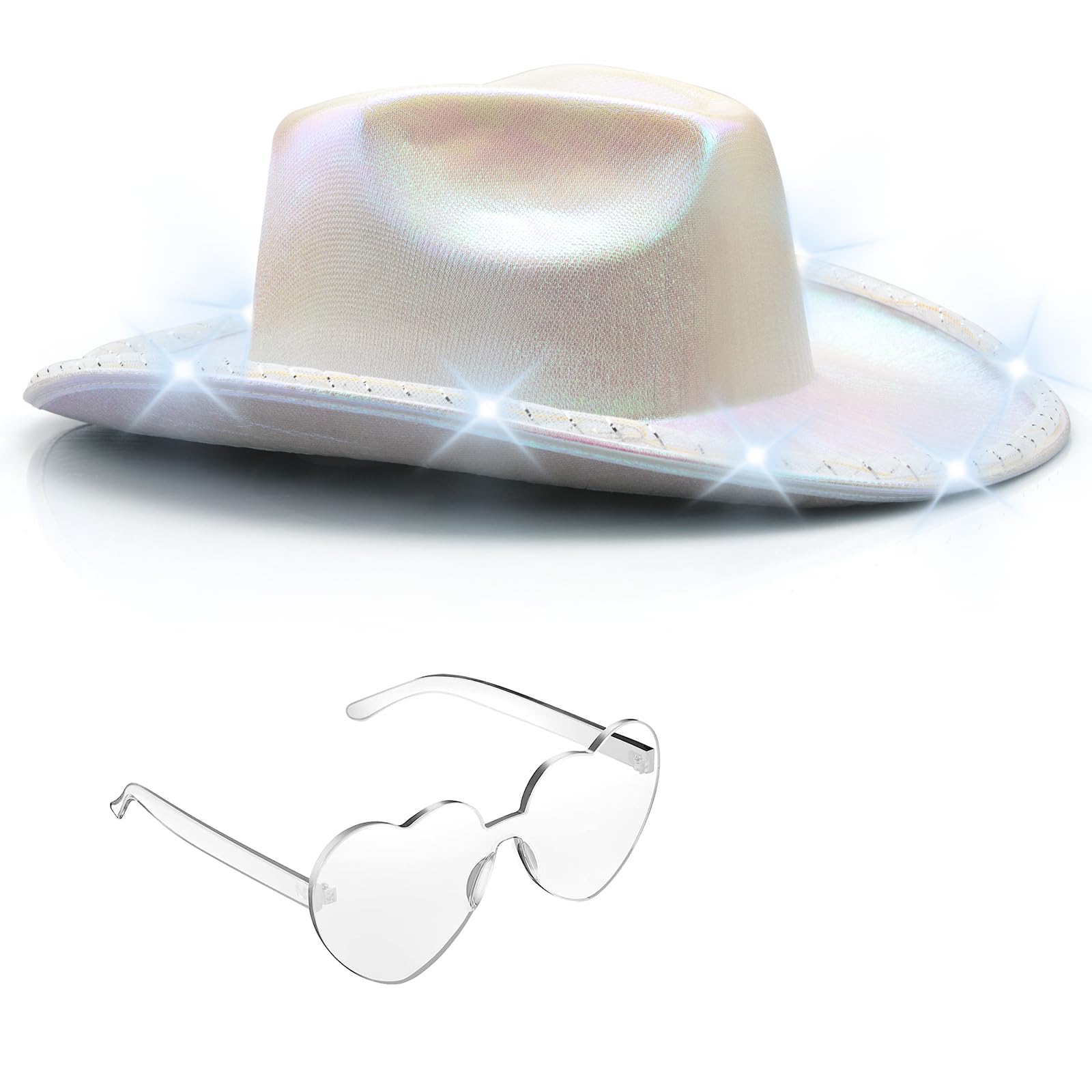 Tanganan Light Up Cowboy Hat for Women Men,Halloween Costume LED Cowgirl Hats Western Cow Girl Hat Sparkly Space Cowboy Hats for Party Halloween Costume Dress Up (White-1)