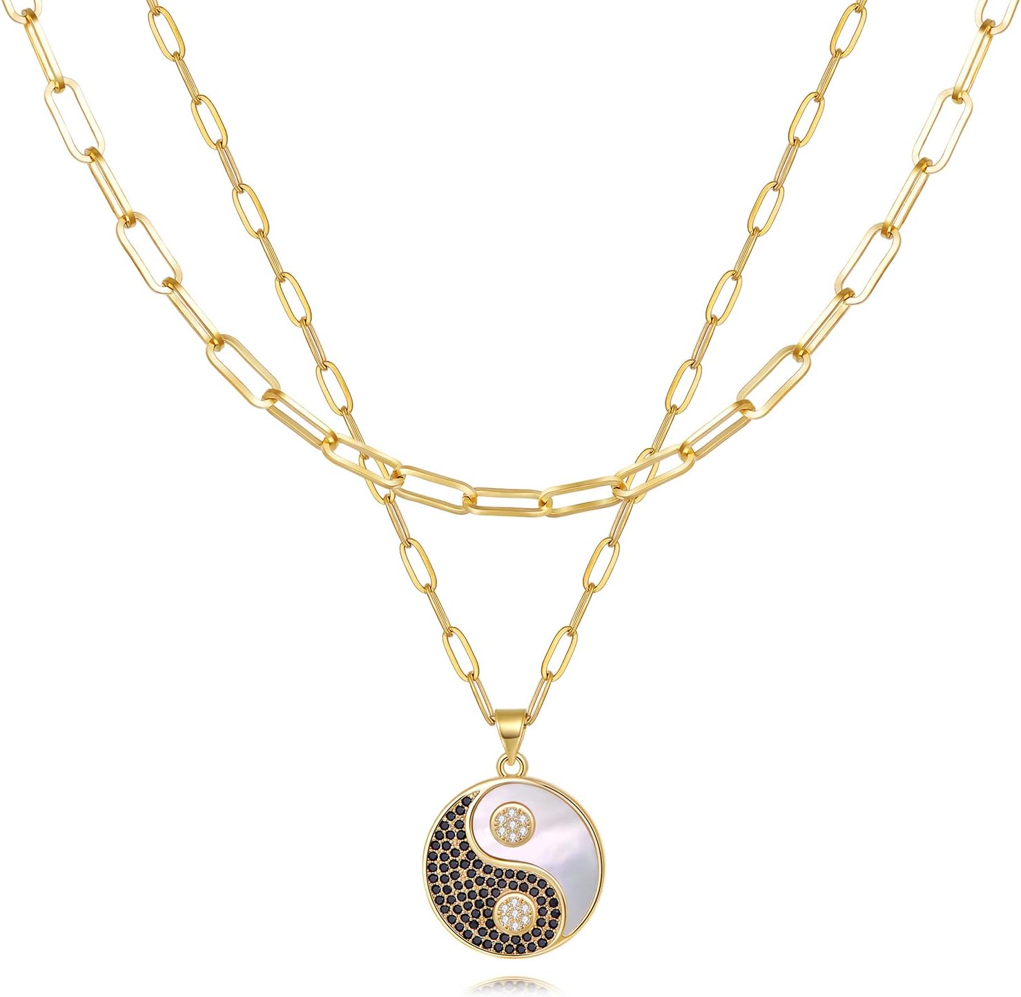 Dainty Layered Pendant Necklaces for Women,14K Gold Plated Paperclip Chain Necklace Simple Cute Hexagon Owl, Snake Choker Necklace Gold Layered Coin Necklaces for Women