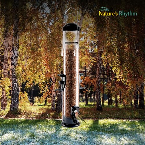 Natures-Rhythm-Hanging-Classic-Tube-Wild-Bird-Feeder-Premium-Hard-Plastic-Garden-Yard-Outdoor-Bird-Feeder-with-Steel-Hanger-Weatherproof-and-Water-Resistant4-Feeding-Ports15lb-Black