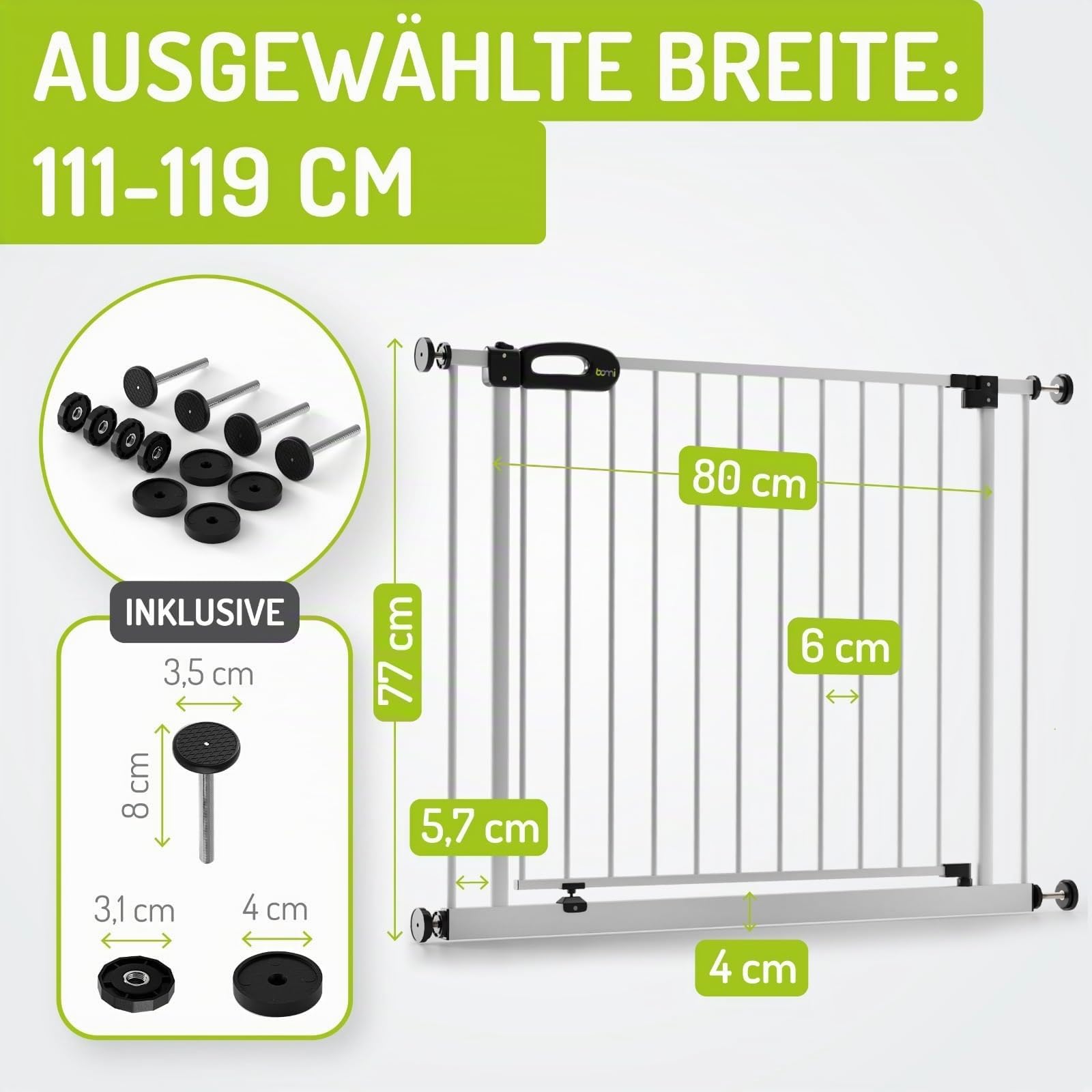 BOMI TÜV GS Siegel Kindertreppen Gitter XXL Merle | Ohne Bohren | 90° Stop | Schließt automatisch | Türschutzgitter weiß Metall | Treppenschutzgitter Türgitter Klemmgitter | Breite: 111-119 cm