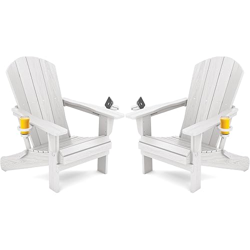 SERWALL Adirondack Chair with Cup Holders - Composite Adirondack Chairs Set of 2 HDPE Outdoor Chairs All Weather Use- White