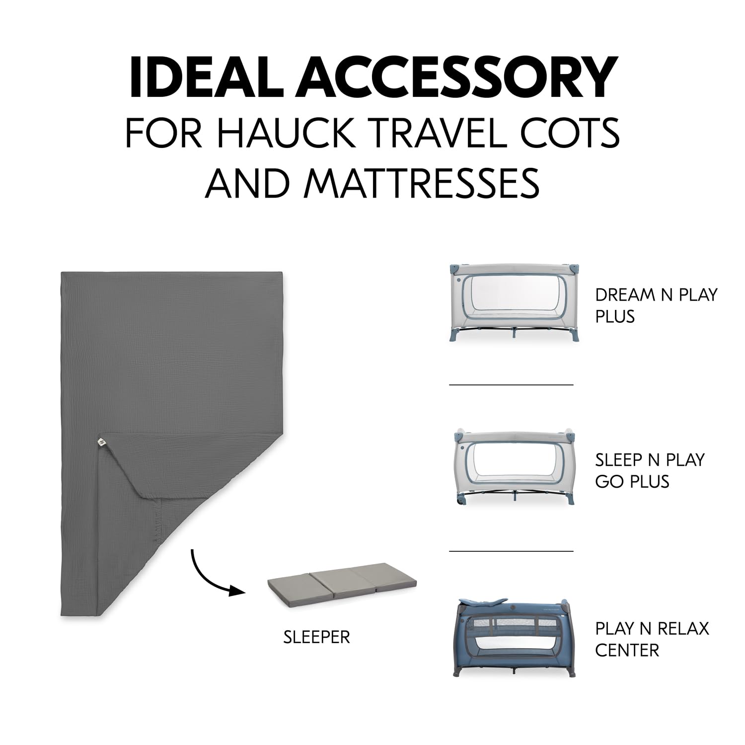 Hauck Travel Cot Fitted Sheet 120 x 60 cm Muslin Cotton Baby, Dark Grey 1