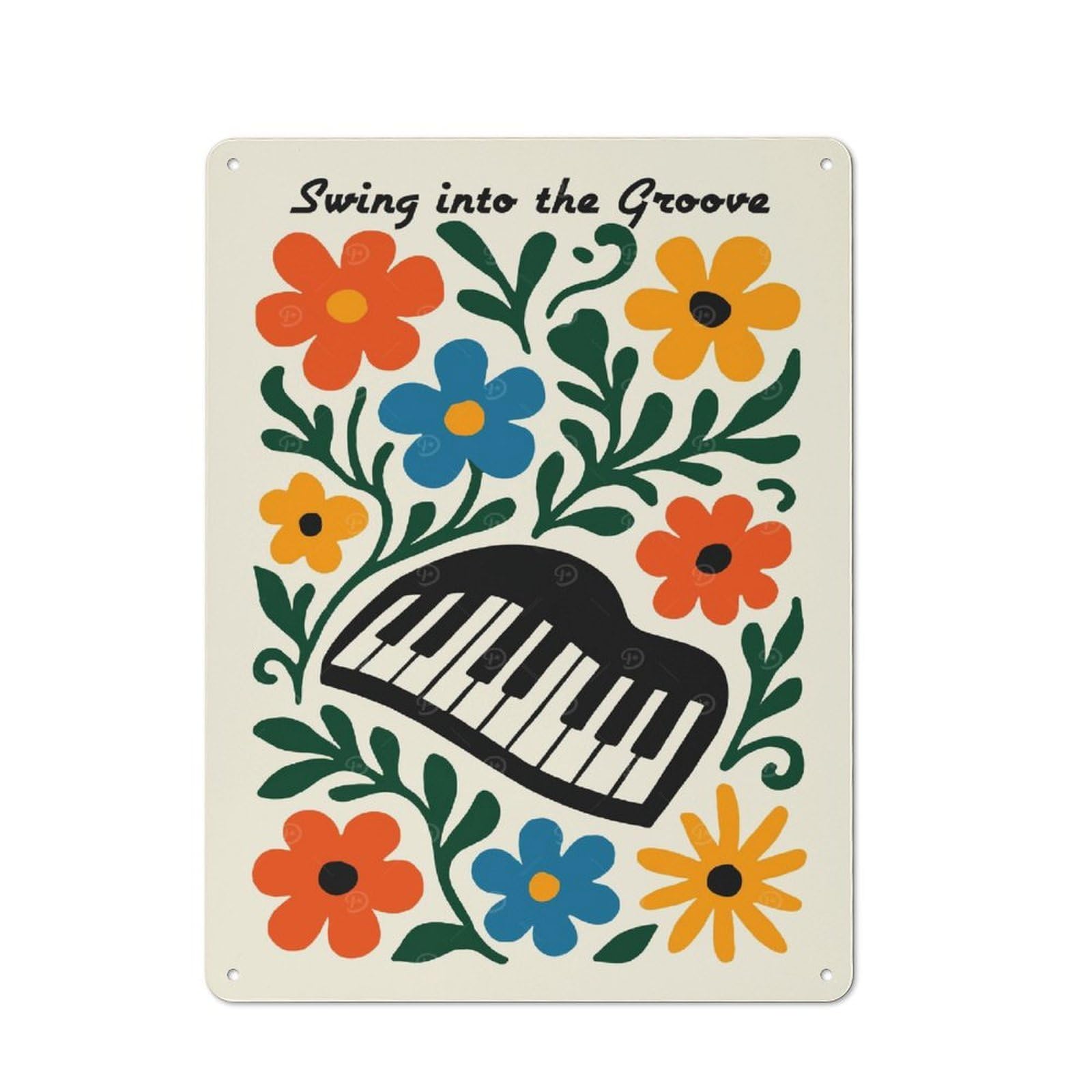 Junmoney Style-7 Swing Into The Groove Floral Piano Country Metal Wall Decor 40X30cm, Decorative Tin Sign For Farmhouse Kitchen, Pantry Or Dining Area