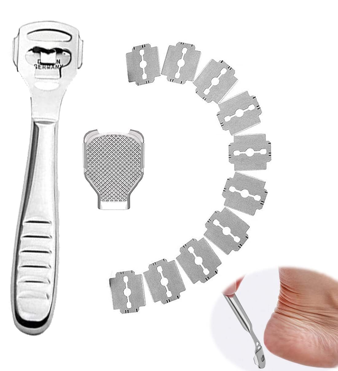 DELFINO Foot Scraper Premium Stainless Steel Foot Rasp Callus Shaver Foot Files Dead Hard Skin Remover Scraper Pedicure Foot Care Tool with 10 Blades for Wet and Dry Feet Sliver