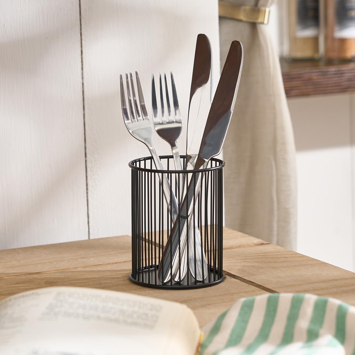 OHS Cutlery Drainer Open Wire Stainless Steel, Cutlery Holder Quick Drying Utensil Holder Non-Slip Durable Sink Caddy Organiser Sink Tidy Kitchen Utensil Drainer, Black