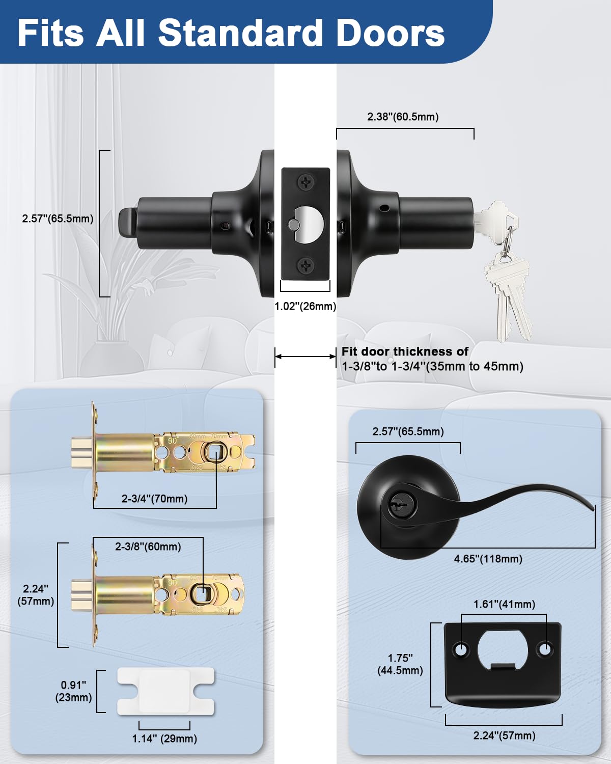 GOBEKOR 1 Pack Matte Black Front Door Handle with Lock and Keys,Reversible Exterior/Interior Door Handle with Lock,Keyed Entry Door Lock for Bedroom,Bathroom & Office,Wave Style Modern Home Decor - 5