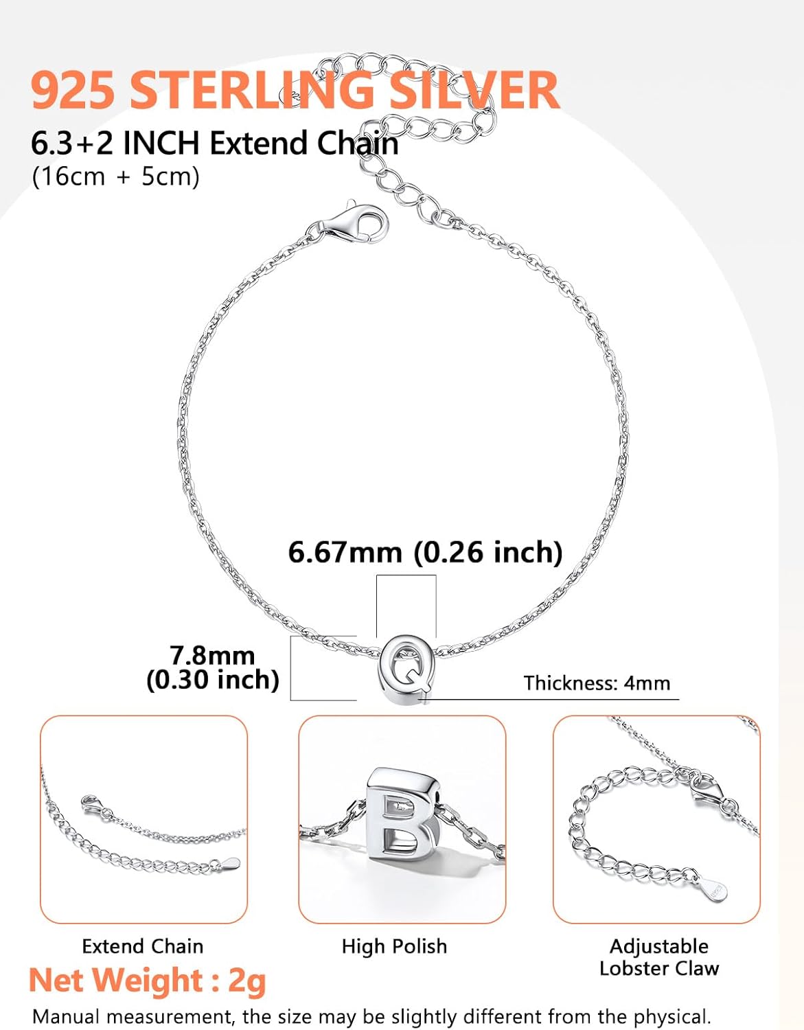 Silvora S925 Sterling Silver Initial Letter Bracelet - A to Z, 6.3" + 2" Adjustable Personalized 26 Alphabet Jewelry Initial Bracelet for Women - Image 5