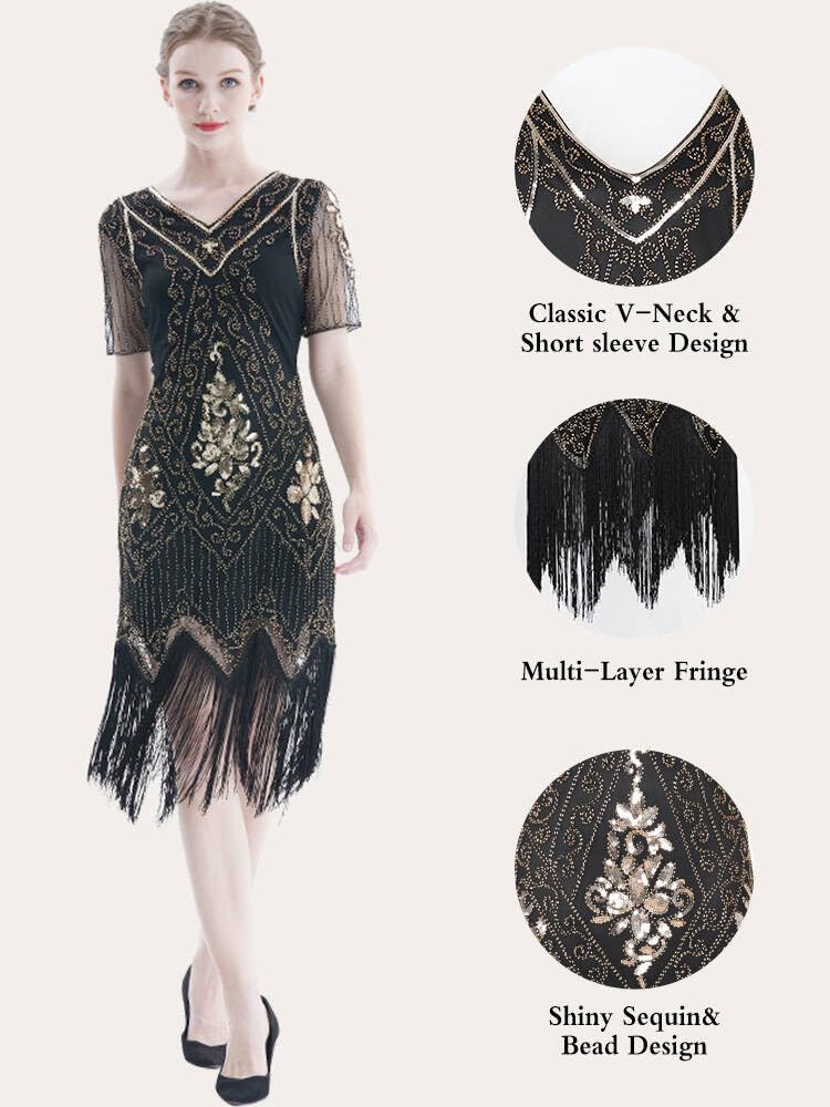 ELFIN Abito da donna anni '20, con frange e paillettes, accessorio per costume anni '20, con fascia, copricapo, guanti lunghi neri, collana