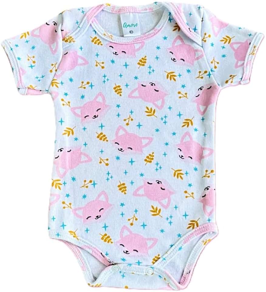 Body Bebê Amore Manga Curta Raposinha Rosa 100% Algodão
