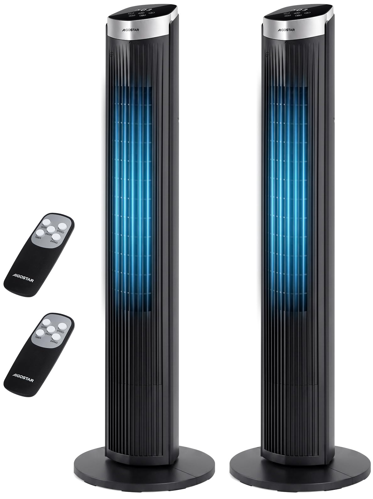 Aigostar Ventilatore a Torre Silenzioso con Telecomando e Timer 12H, 3 Modalità (Normale/Naturale/Sleep), 3 Velocità Regolabili, Oscillazione, LED Display, 28 dB, Portata Aria 1752m³/h, Nero *2