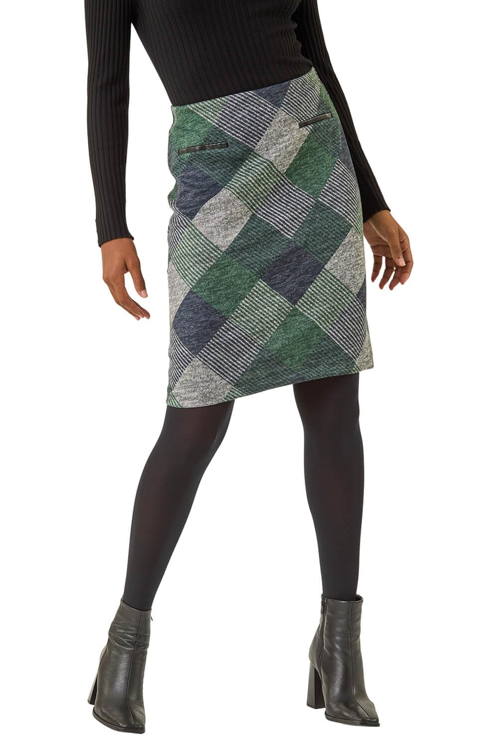 Roman Women's Green Check Print Pocket Stretch A Line Skirt Size 20