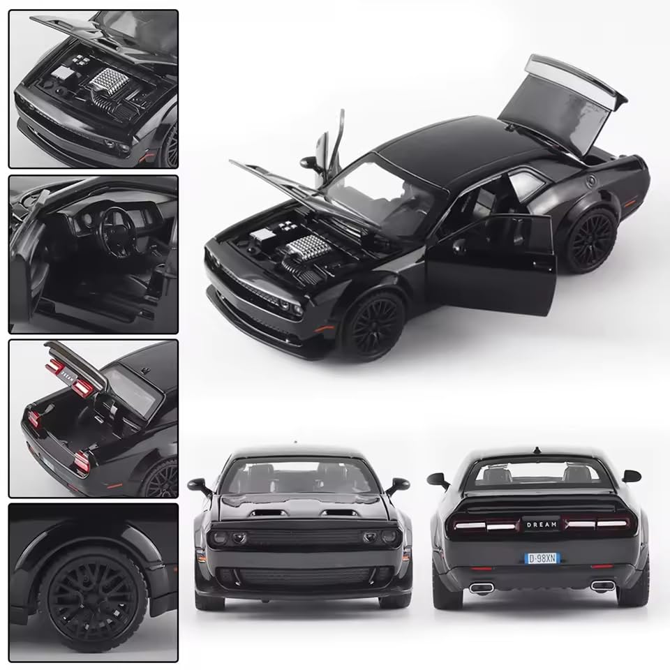 Image of Alokik Enterprise Compatible for 1:32 Dodge Challenger SRT Toy Car Model, Diecast Collectible Pull Back Model Car with Sound and Light, Toy Gift Vehicles for Adults Kids Boys Girls【Black】