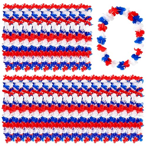 PhyLence 24 Pcs 4th of July 250th Anniversary Lei Necklaces Red White Blue Hawaiian Flower Leis for Independence Day Party Favors Memorial Day BBQ and Patriotic Celebration Supplies