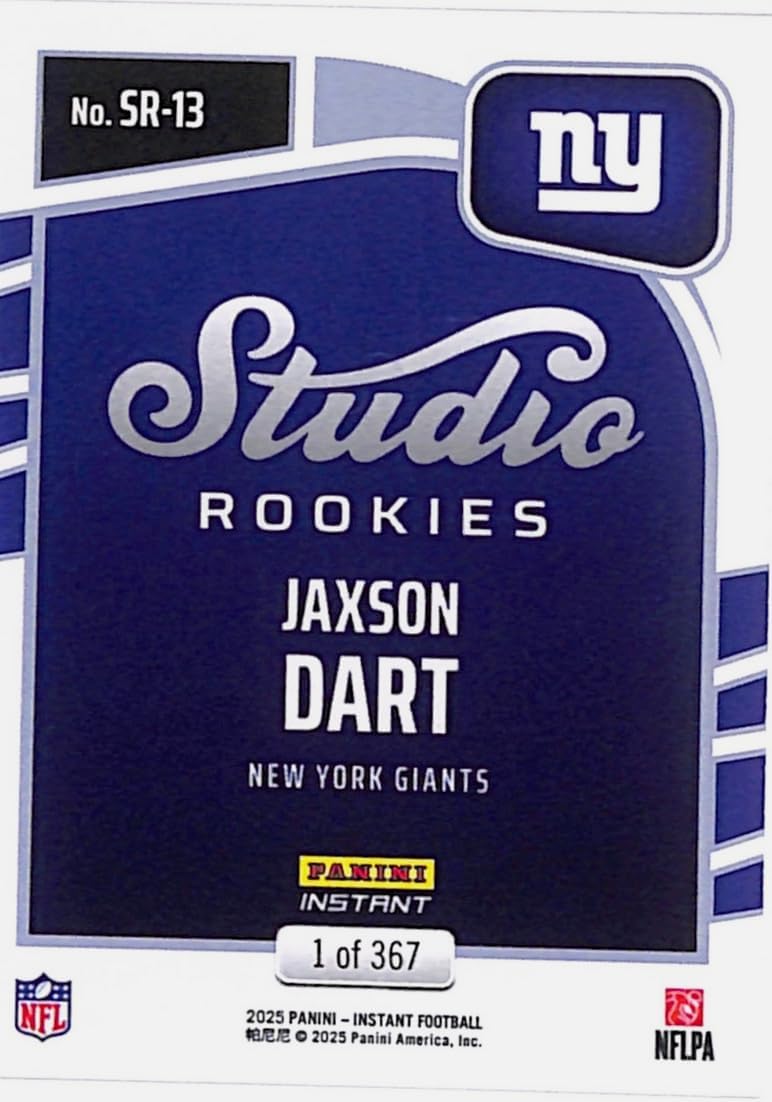 2025 Panini Instant NFL Jaxson Dart #13 Studio Rookies /367 New York Giants Rookie RC Football Card