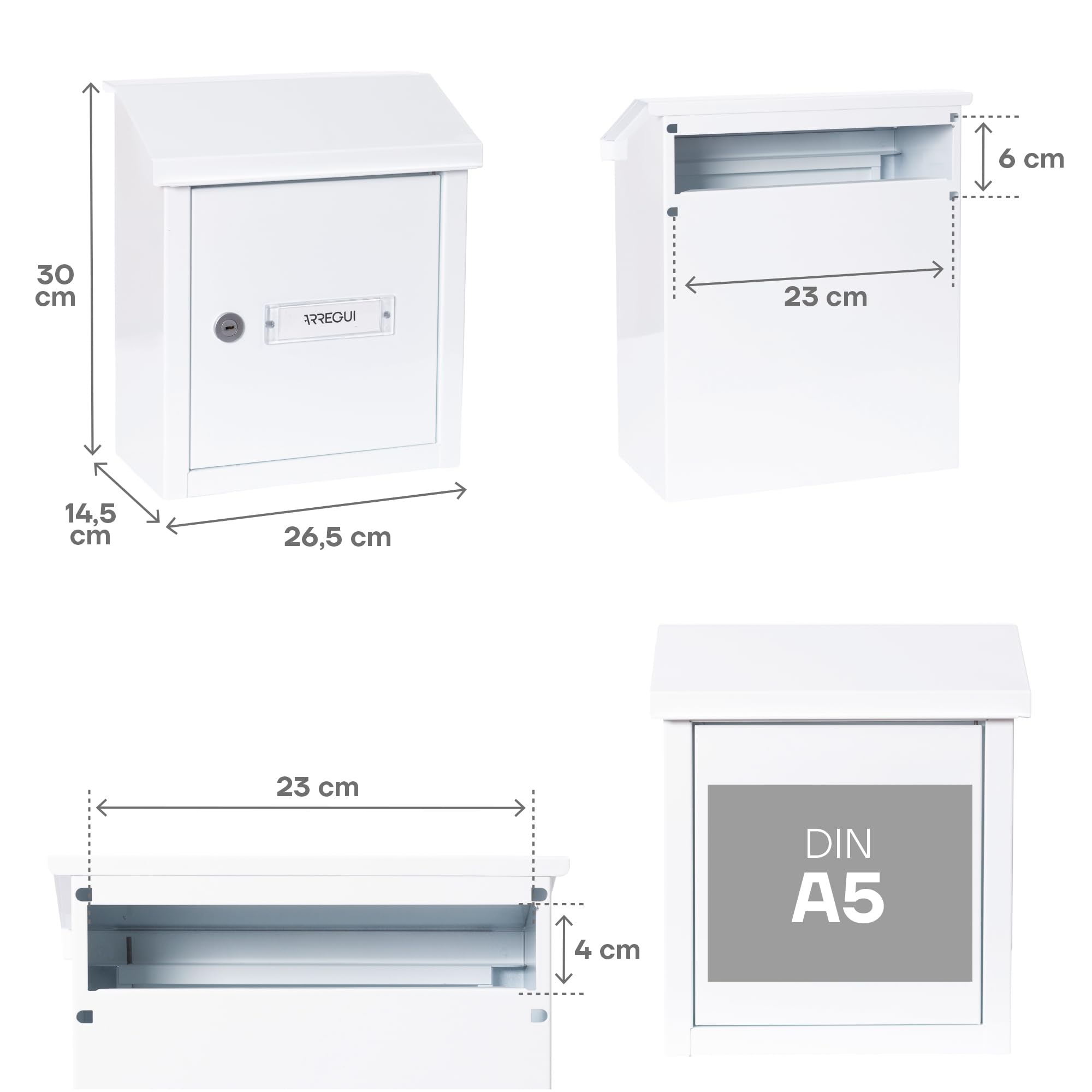 ARREGUI V4091 Boîte aux lettres en acier pour porte, mur et portail, Boîte aux lettres intérieure avec fente de 23 x 4 cm, Taille S (Courrier A5), Résistant aux intempéries, Installation facile, Blanc